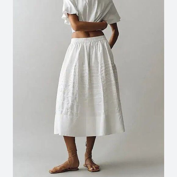 Anthropologie Dresses & Skirts - Anthropologie Maeve Cotton Pintuck Women's Midi Skirt Pull-On Solid M 291683